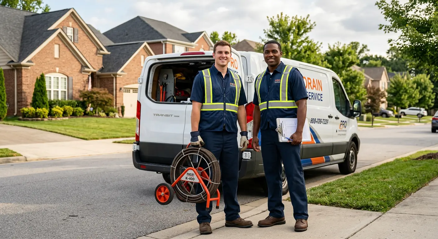 Sewer and drain service team with equipment ready for work in Pecan Plantation