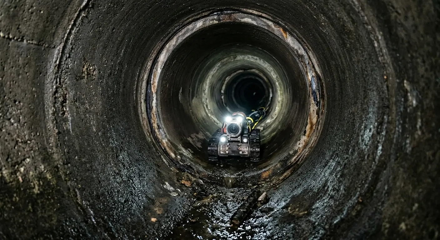 Robotic sewer camera inspecting pipe interior for Sewer Line Cleaning in Pecan Plantation
