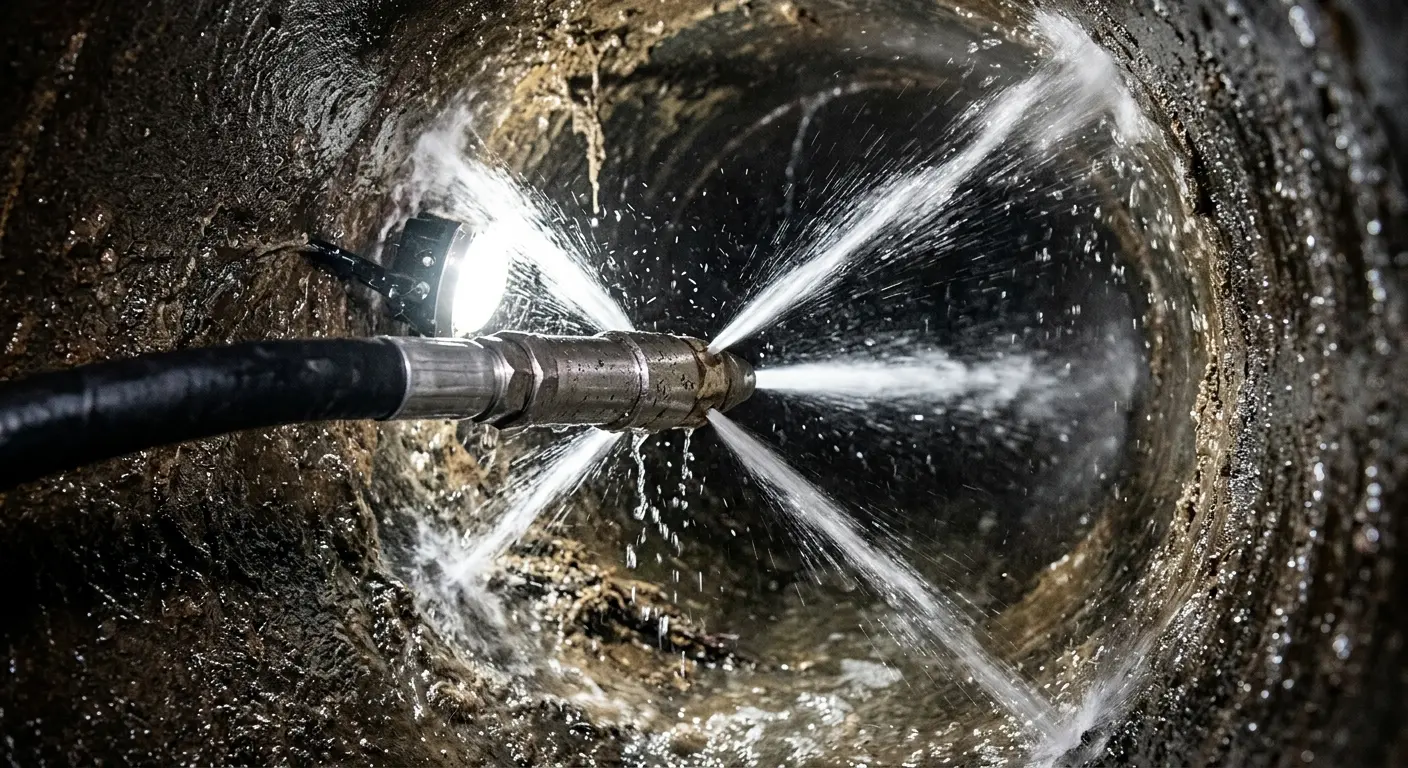 High-pressure hydro jetting nozzle cleaning sewer pipe for Emergency Drain Service in Pecan Plantation