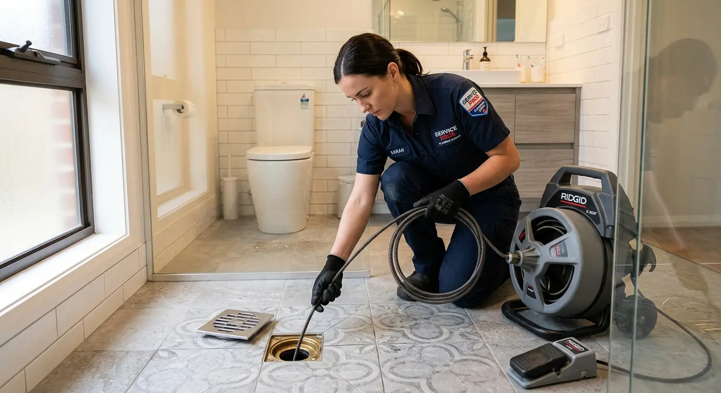 Technician clearing a bathroom floor drain for Sewer Line Installation in Pecan Plantation